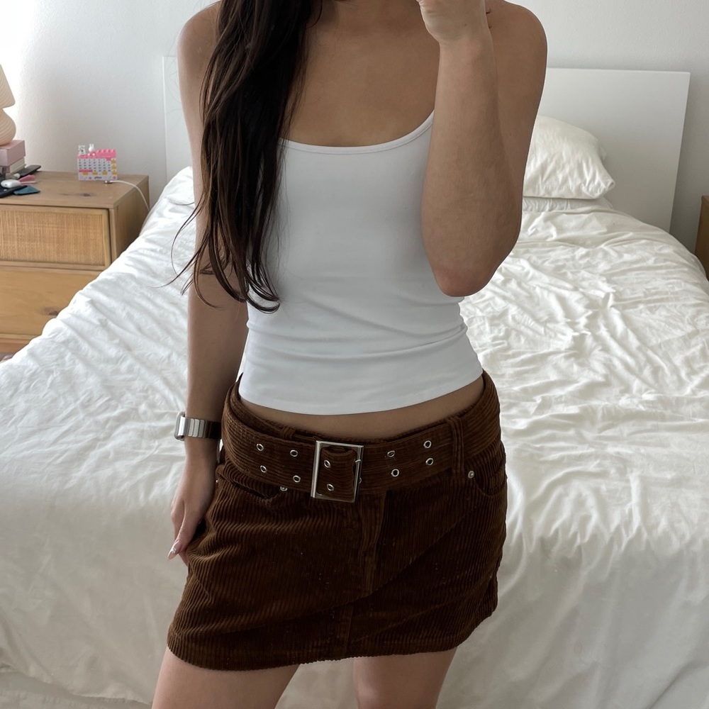 Brown corduroy belted mini skirt